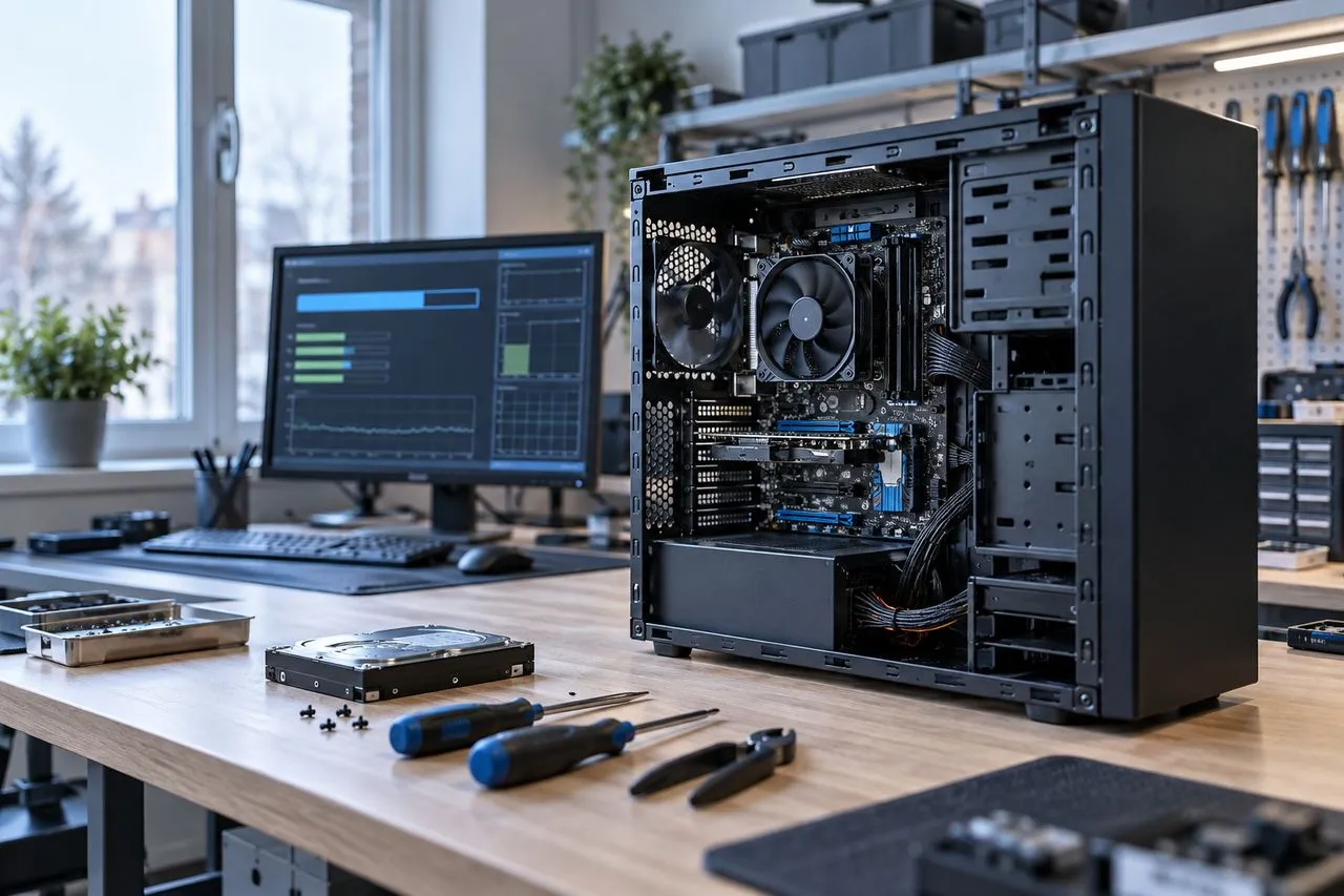 Diagnostic d'une panne d'ordinateur sur un banc de test à l'atelier