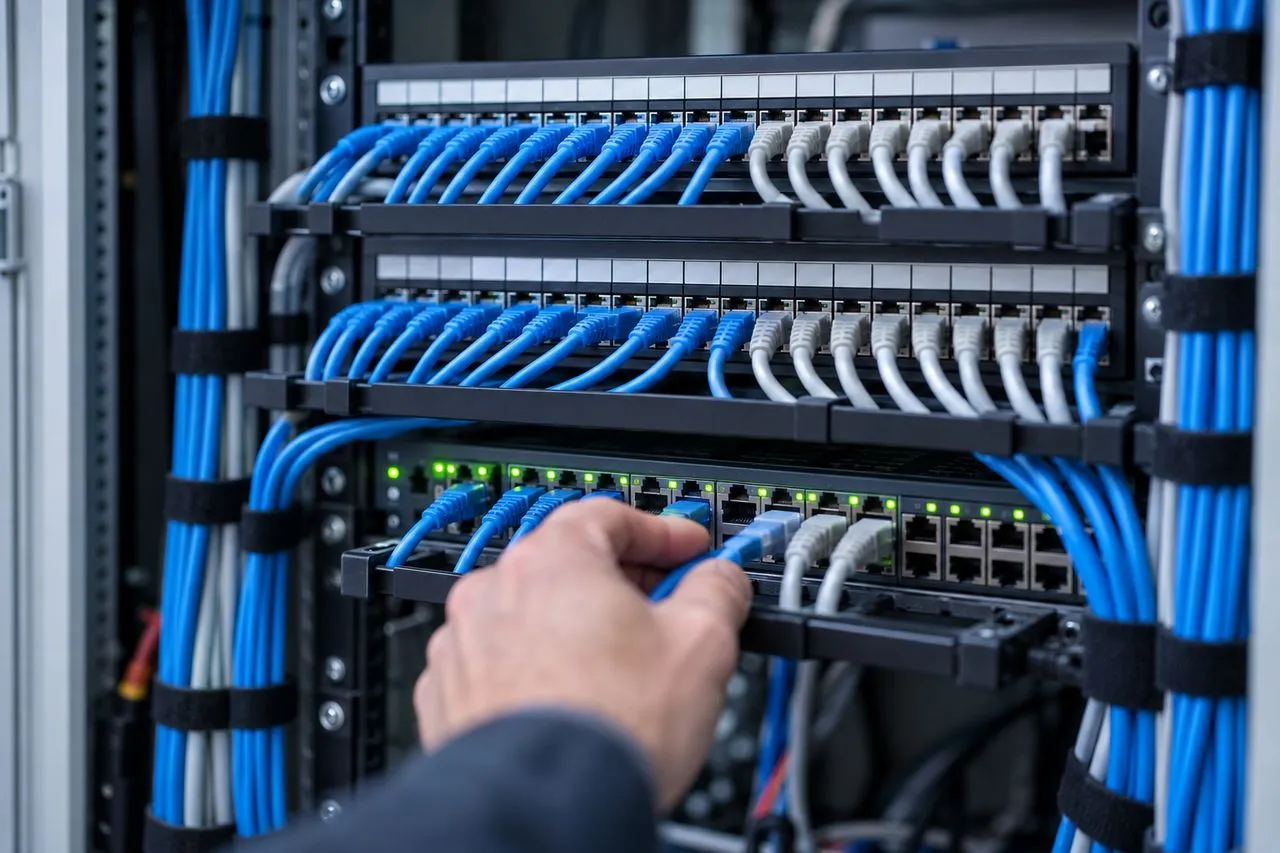 Câbles RJ45 raccordés dans une baie de brassage lors d'un câblage réseau informatique